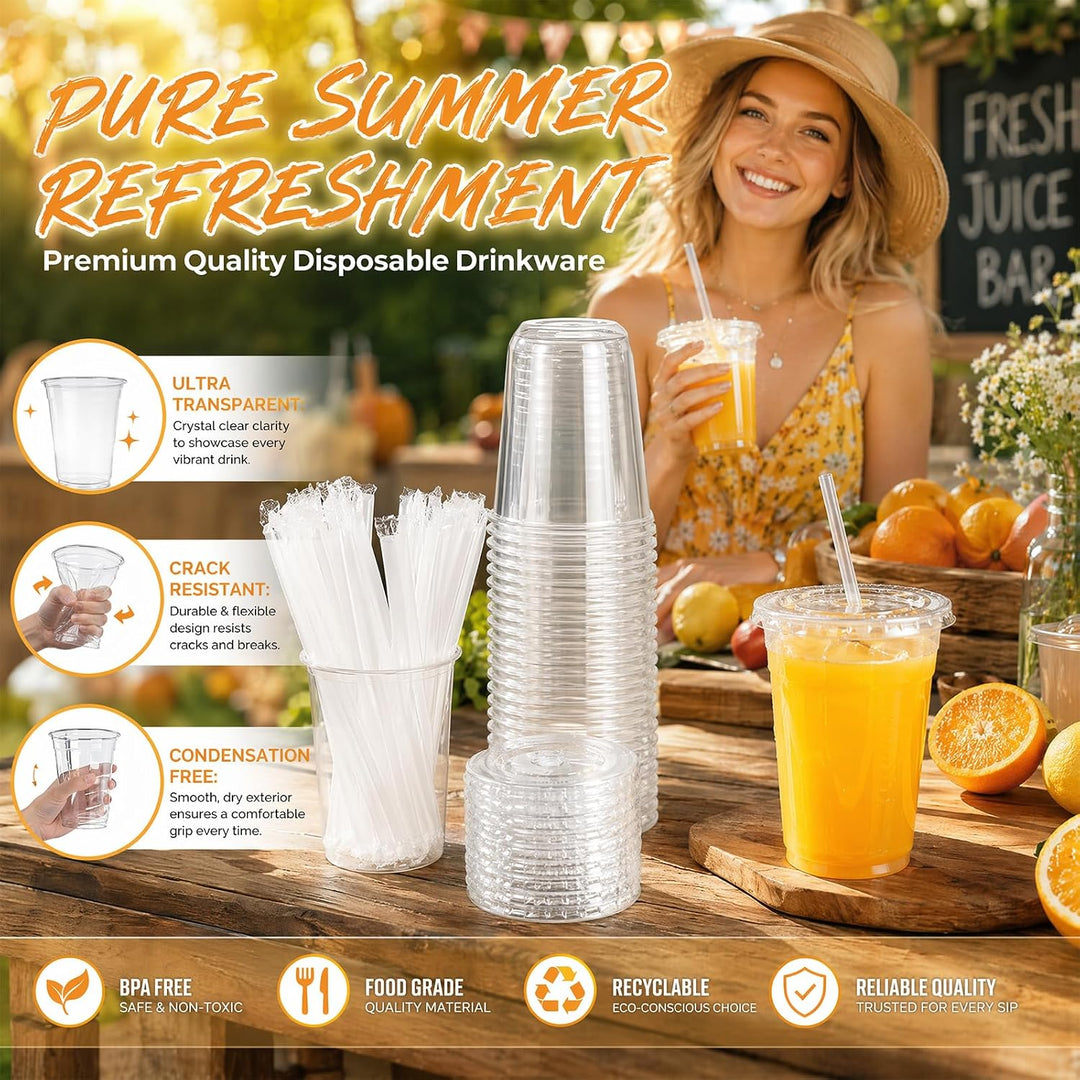 50PCS Plastikbecher mit Deckel und Strohhalm (16 Floz), Dessertbecher, Smoothie Becher, für Milchsha