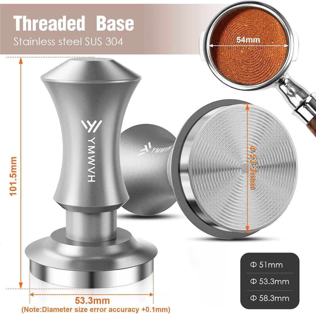 Kaffee Tamper 53.3mm, Edelstahl Espresso Tamper Silbergrau mit 30lbs Anpressdruck, Ripple Base Kaffe