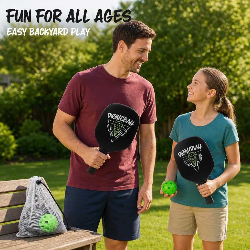 MIJOMA Pickleball Schlägerset – 2 robuste Schläger &amp; 2 grüne Bälle im Netz – Perfekt für Anfänger &amp;