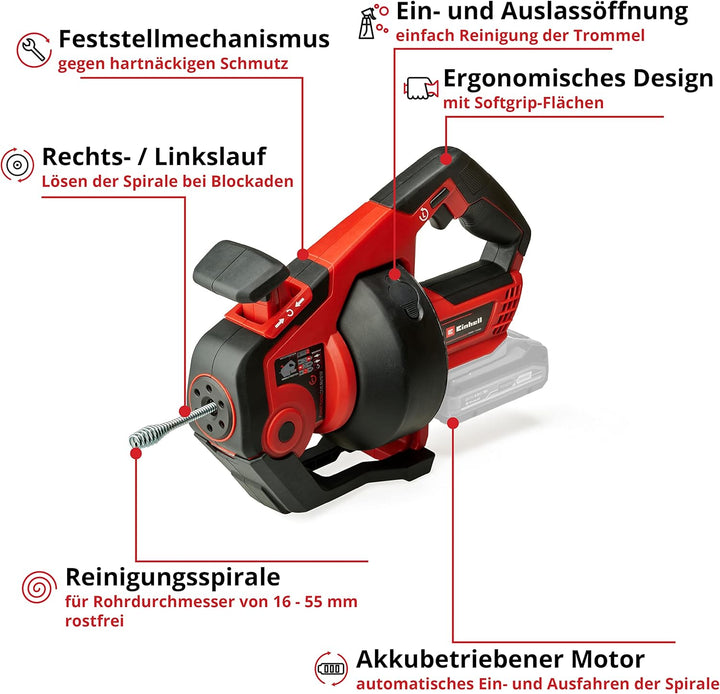 Einhell Akku-Rohrreiniger TE-DA 18/760 Li Kit Power X-Change (18 V, Li-Ion, 7,6 m lange Reinigungssp