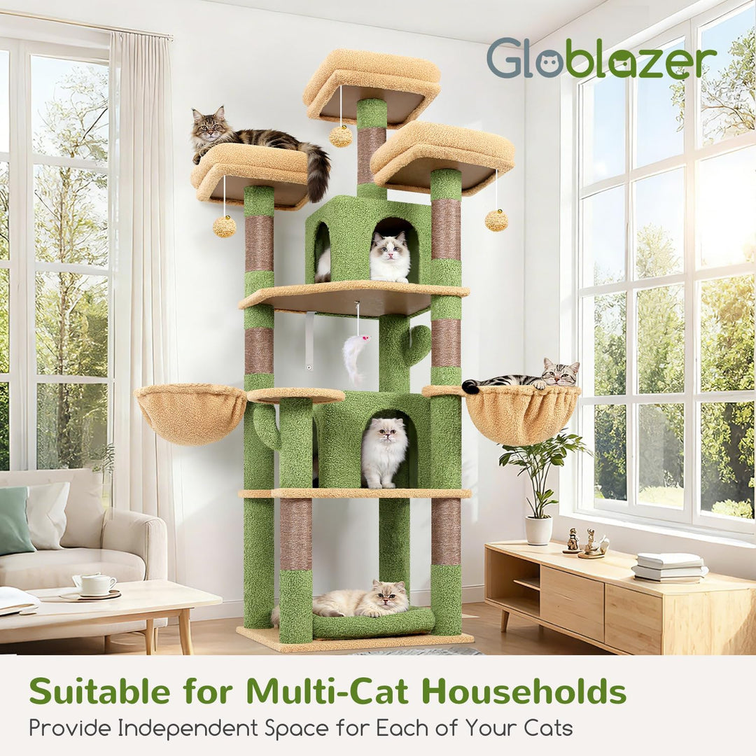 Globlazer Kratzbaum Grün Kaktus Stabil 174 cm mit 3 Gepolsterte Sitzstangen, 2 Katzenhaus, 2 Korb, A
