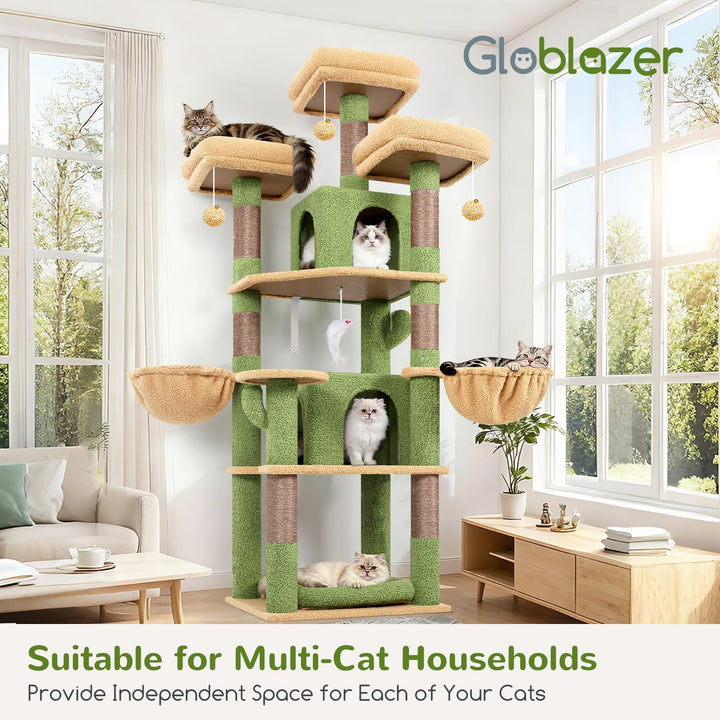 Globlazer Kratzbaum Grün Kaktus Stabil 174 cm mit 3 Gepolsterte Sitzstangen, 2 Katzenhaus, 2 Korb, A