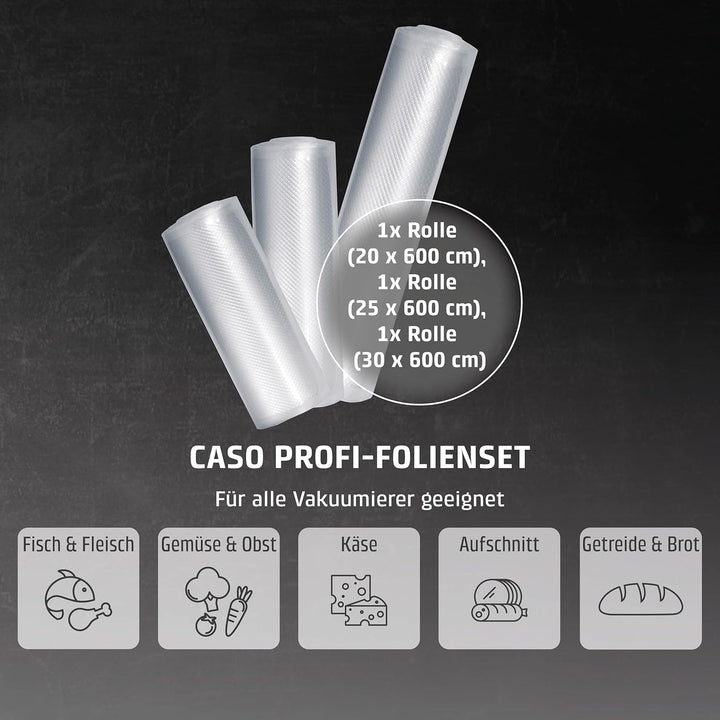 CASO Profi- Folienrollen Set 4 / 1 St. 20x600 cm, 1 St. 25x600 cm, 1 St. 30x600 cm 150µm, für Vakuum
