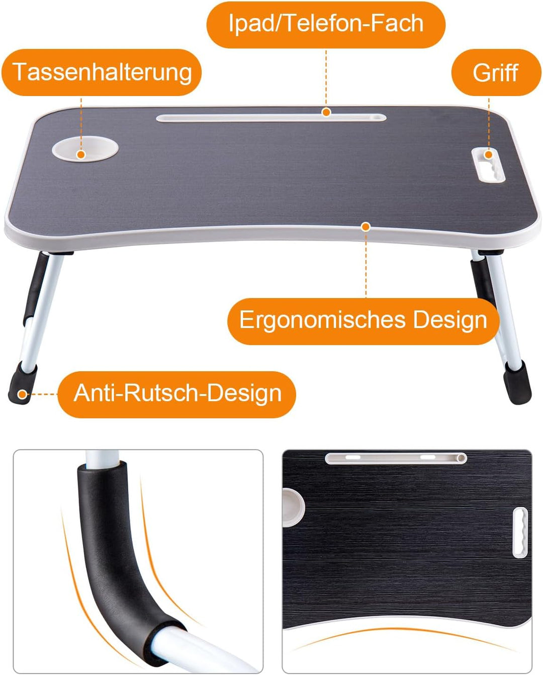 Laptoptisch Betttablett Tablet-Ständer & Becherhalter – Laptop Tisch für Bett, Sofa & Boden (60 x 40