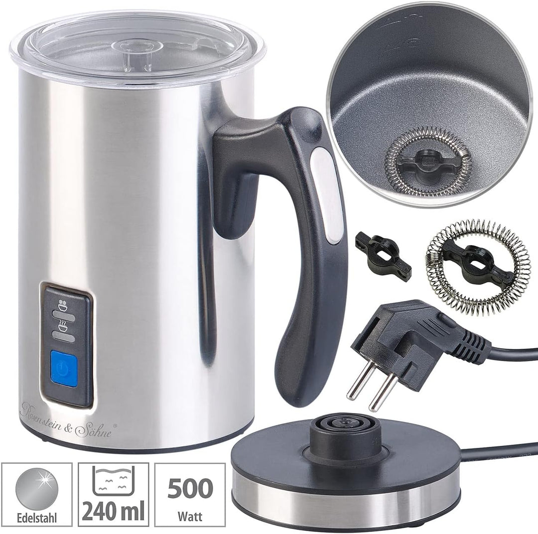 Rosenstein & Söhne Milchkocher: Elektrischer Edelstahl-Milchaufschäumer, 115/240 ml, antihaft, 500 W