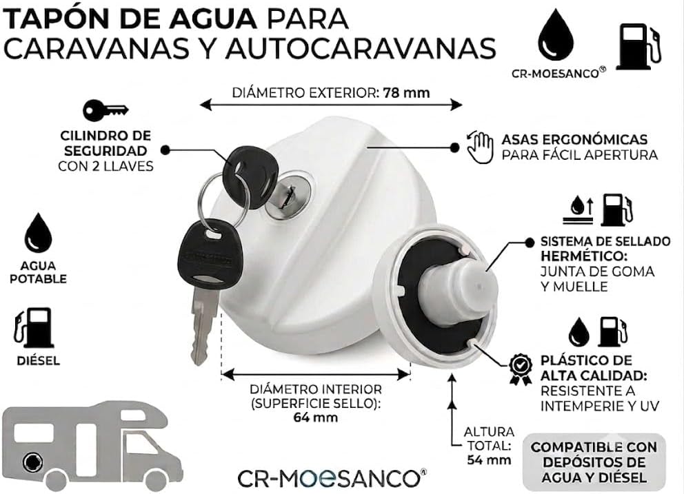 CR-MOESANCO Wassertankdeckel für Wohnwagen mit 2 Schlüsseln für Wohnwagen oder Camper FAC, Weiss