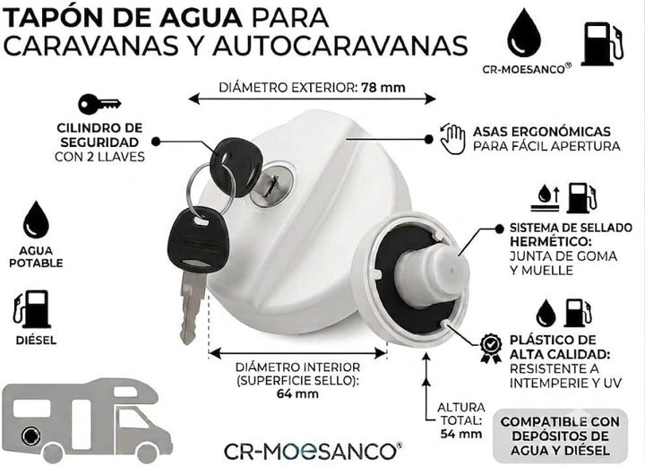 CR-MOESANCO Wassertankdeckel für Wohnwagen mit 2 Schlüsseln für Wohnwagen oder Camper FAC, Weiss