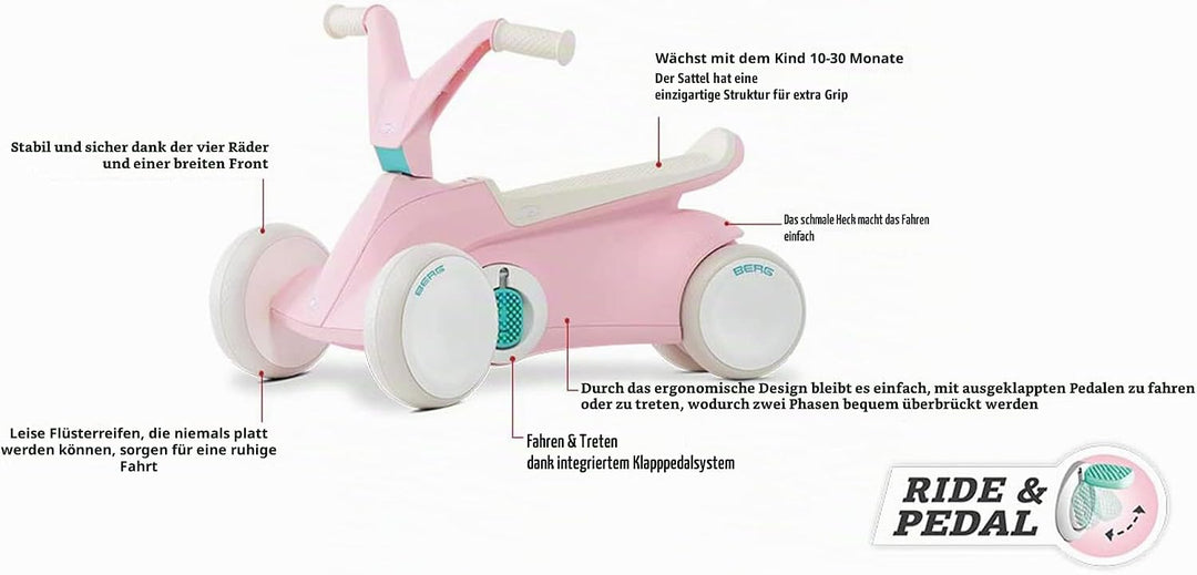 BERG GO2 2in1 Rutschauto Rosa | Kinderrutscher & Laufrad ab 1 Jahr | Kinderauto mit ausklappbaren Pe