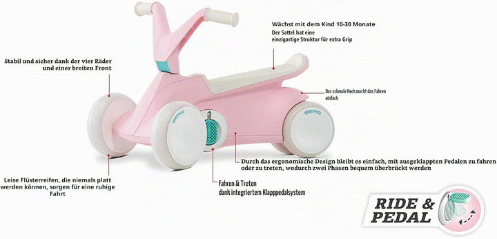 BERG GO2 2in1 Rutschauto Rosa | Kinderrutscher & Laufrad ab 1 Jahr | Kinderauto mit ausklappbaren Pe