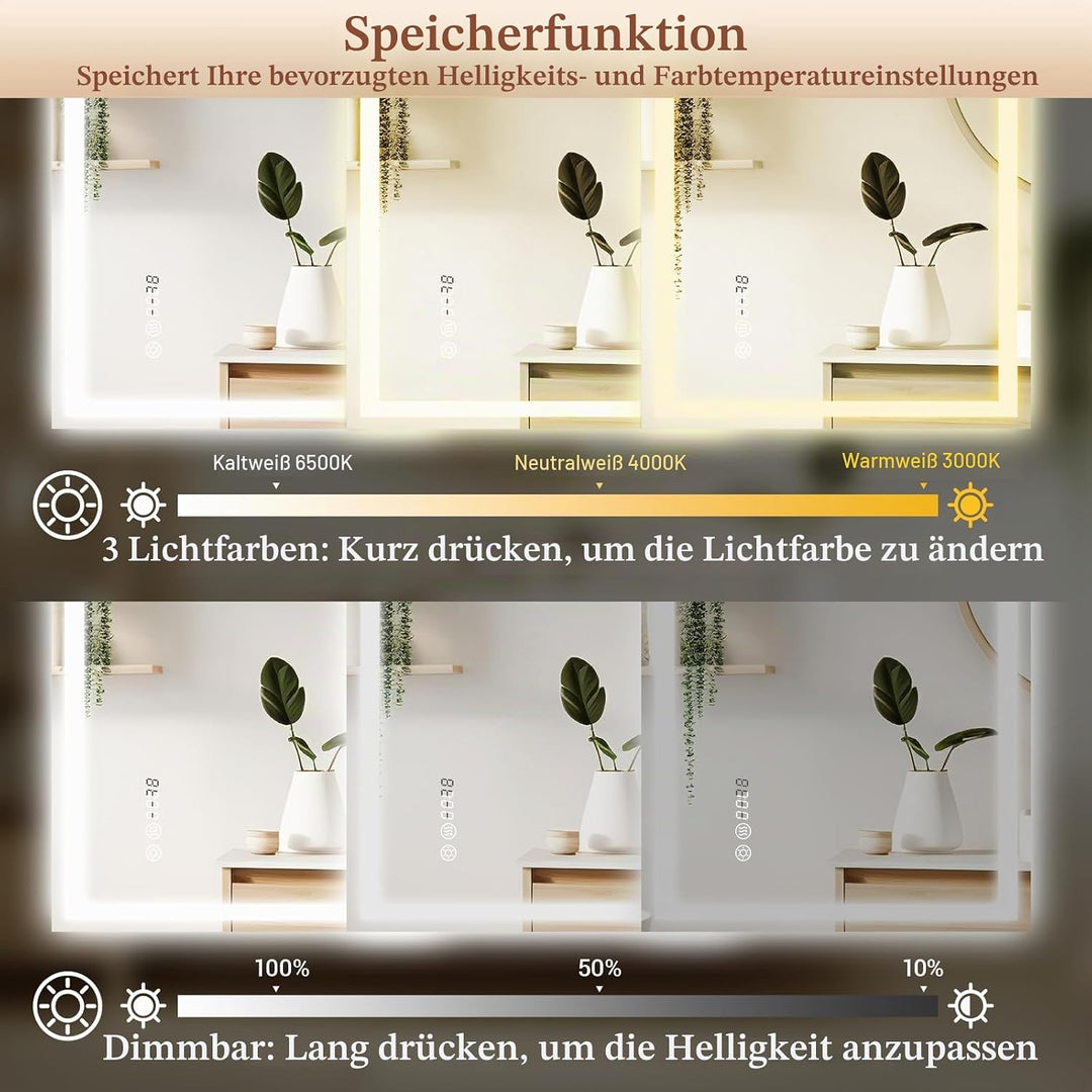 Clevich Badspiegel mit Beleuchtung und Uhr 70×50 cm, LED Spiegel mit 3 Lichtfarben dimmbar, gehärtet