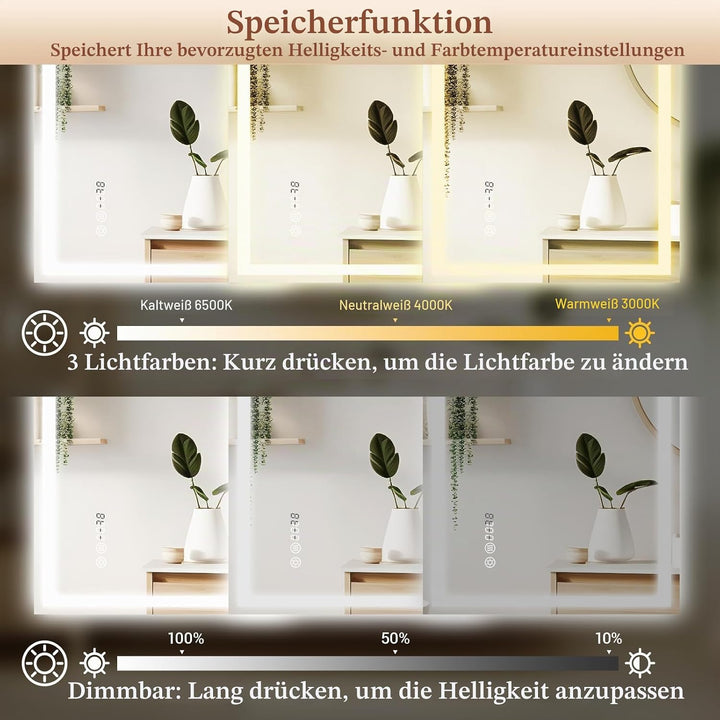Clevich Badspiegel mit Beleuchtung und Uhr 70×50 cm, LED Spiegel mit 3 Lichtfarben dimmbar, gehärtet