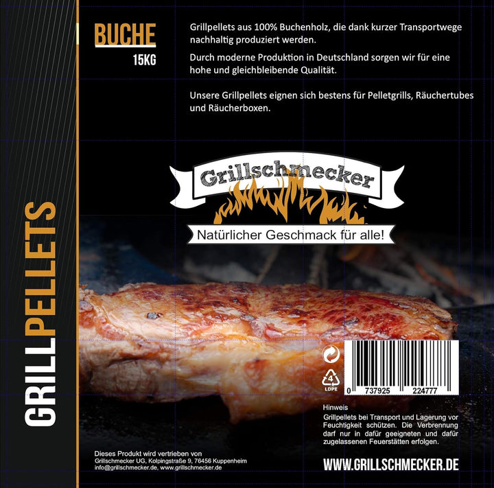 Grillpellets 15kg Holzpellets aus 100% Reiner Buche für Grill, Pelletofen & Smoker