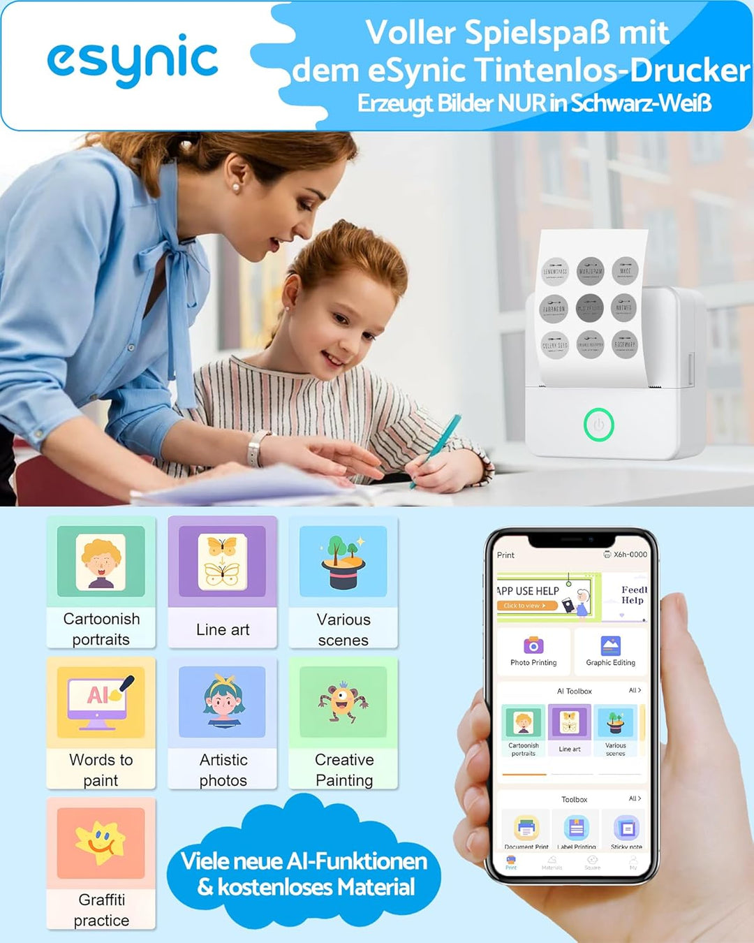 eSynic Tragbarer Mini-Drucker, kompatibel mit Android und iOS, Thermodrucker ohne Tinte oder Toner,