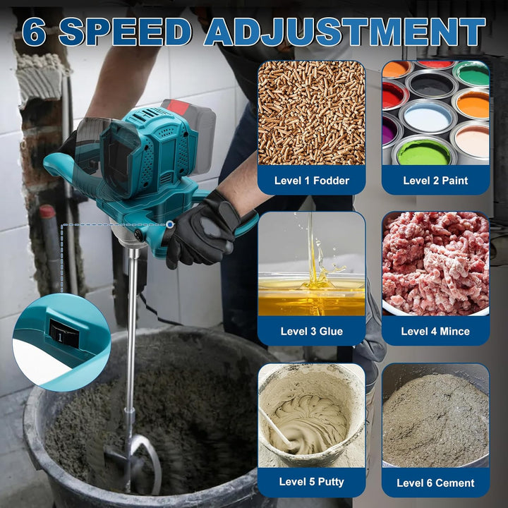 Akku Farbmörtelrührer Kompatibel mit Makita 18V Batterie, Brushless Rührwerk Zementmischer 6-Gang-Ge
