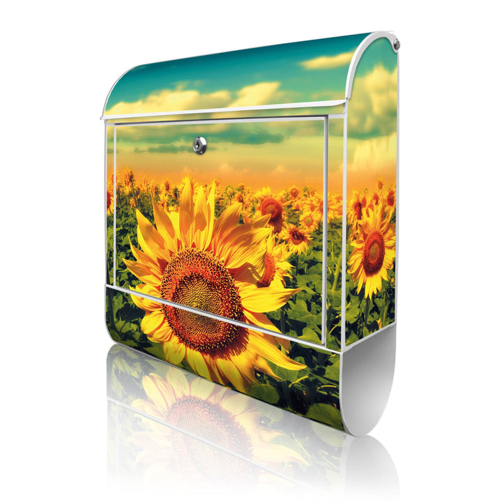 banjado® Design Briefkasten mit Motiv Sonnenblumen 39x47x14cm &amp; 2 Schlüssel - Briefkasten Stahl weis