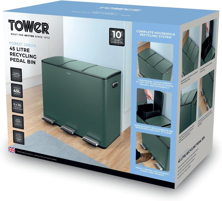 Tower T838021FOR Recycling Treteimer, Drei 15L Fächer mit herausnehmbaren Inneneimern, Körper aus