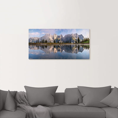 ARTland Leinwandbilder Wandbild Bild auf Leinwand 60x30 cm Wanddeko Landschaft Berge Alpen Bäume See