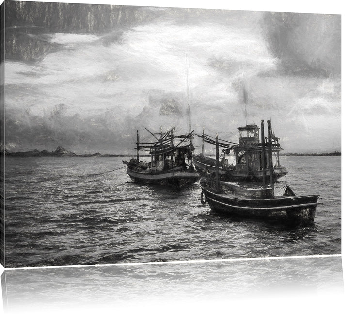 Pixxprint thailändische Fischerboote im Meer Kunst Kohle Effekt, Format: 100x70 auf Leinwand, XXL ri