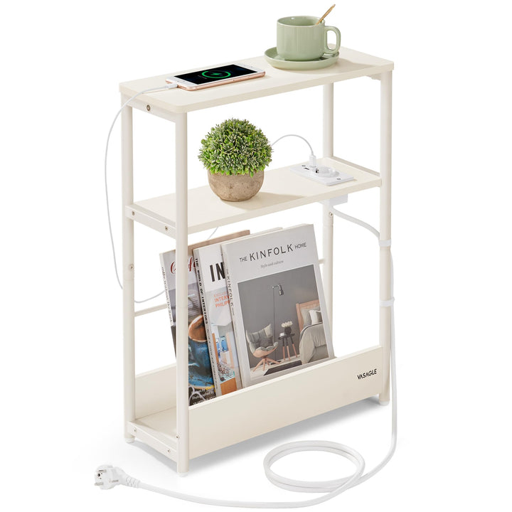 VASAGLE Beistelltisch schmal, Nachttisch mit Ladefunktion, Couchtisch klein, 3 Ablagen, Zeitschrifte