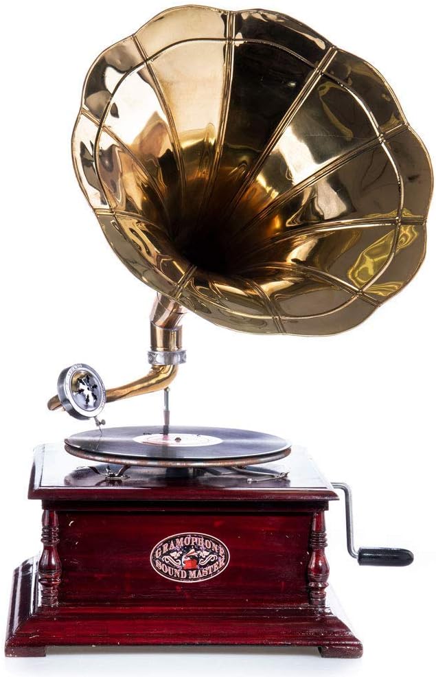 Trichter Grammophon „His Masters Voice“ – Vintage Musikgerät im Stil der 20er aus Holz & Messing, vo