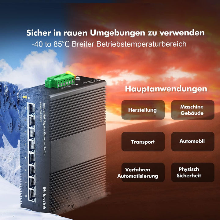 MokerLink 8 Port Gigabit Industrial DIN-Rail Ethernet Switch Hutschiene, 16Gbit/s Schaltkapazität, I