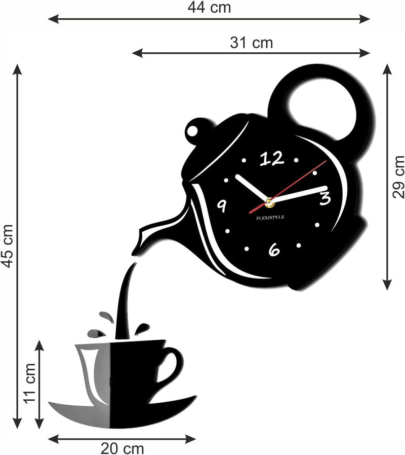 FLEXISTYLE Moderne Wanduhr für die Küche Tasse Und Kanne, 45 cm x 45 cm, 3D, leise, Design, Made in