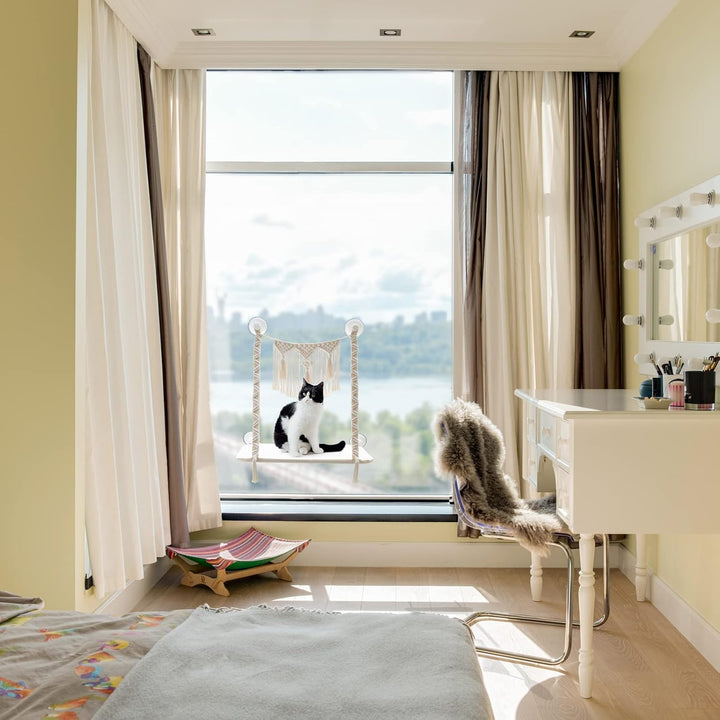 Dahey Katzen-Fensterstange, Makramee-Katzen-Hängematte, Boho-Wandmontage, Haustier-Ruhesitz, Bett fü