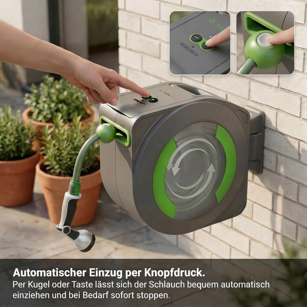 Dönges novaterra® Akku Schlauchtrommel 30m – Automatische akkubetriebene Gartenschlauchtrommel mit e
