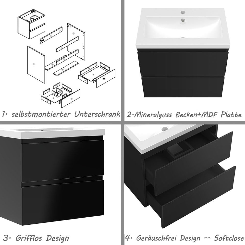 Waschtisch mit Unterschrank 60cm Alast Badmöbel Set Hochglanz Schwarz Dick Waschbecken mit Unterschr