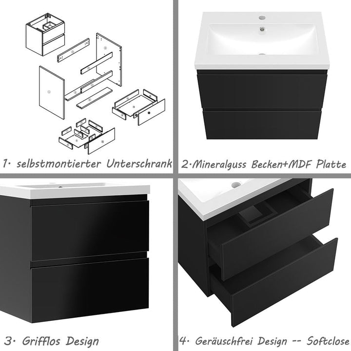 Aica Sanitär Waschtisch mit Unterschrank 50cm Alast Badmöbel Set Hochglanz Schwarz Waschbecken mit U