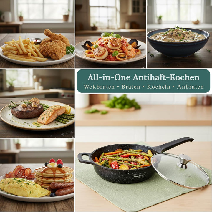Goldmann Sauteuse 24 CM mit Deckel – Tiefe Bratpfanne aus Guss-Aluminium mit Marmor-Keramik Antihaft