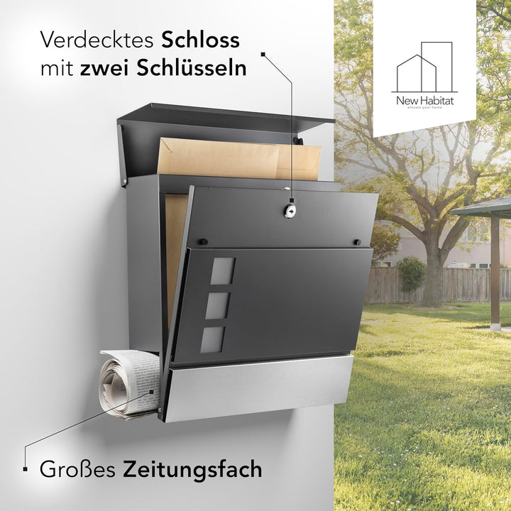 NewHabitat I Moderner Briefkasten Anthrazit mit Zeitungsfach - Wandbriefkasten mit Sichtfenster - Ro