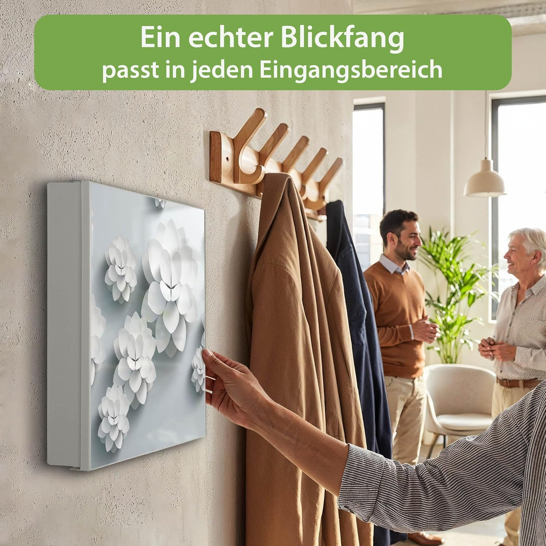 banjado® Grosser Schlüsselkasten Glas/Schlüsselbox 30cm x 30cm mit 50 Haken - Motiv Papier Lotus/Sch