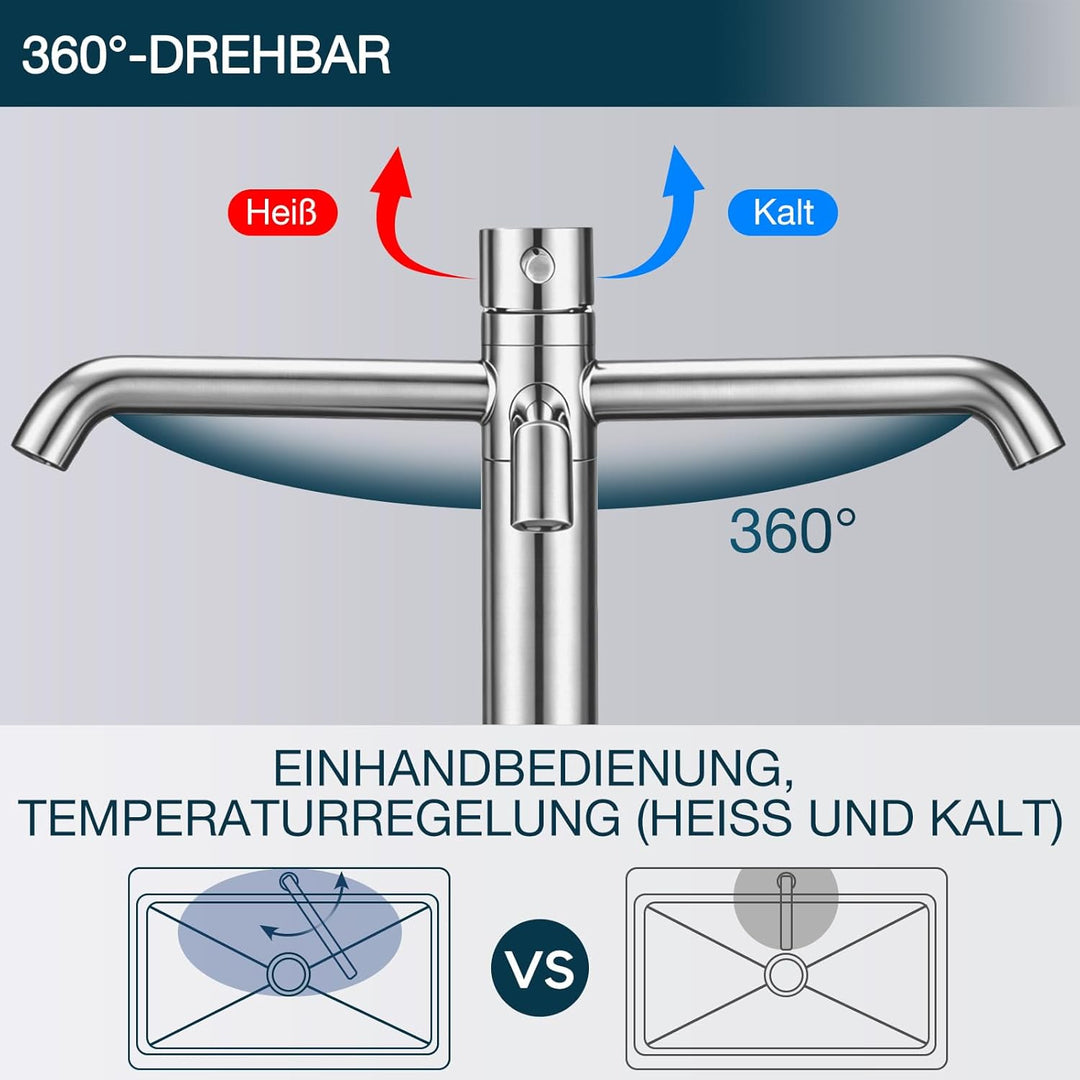 DETBOM Wasserhahn Bad-Mischbatterie 360°Schwenkbar, Waschtischarmatur mit Geräuscharmem Keramischem
