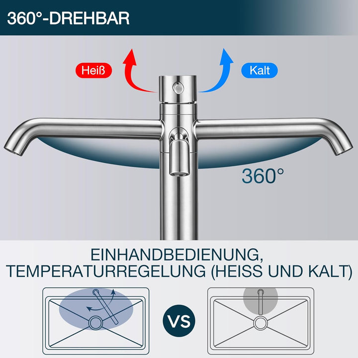 DETBOM Wasserhahn Bad-Mischbatterie 360°Schwenkbar, Waschtischarmatur mit Geräuscharmem Keramischem