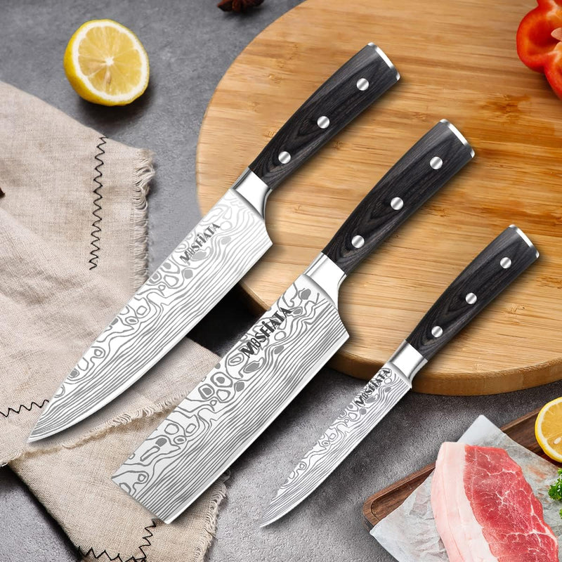 MOSFiATA Küchenmessersets, Küchenmesser Set 3, Kochmesser aus Hochwertigem Carbon Edelstahl, Hackmes