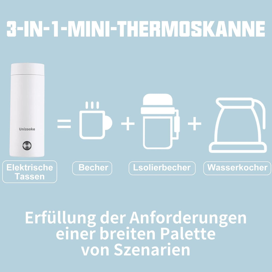 Unizooke Tragbarer Mini-Heizbecher,400ml ,220V Reise-Elektrisch-Wasserkocher,300W Vakuum,Für Milch,