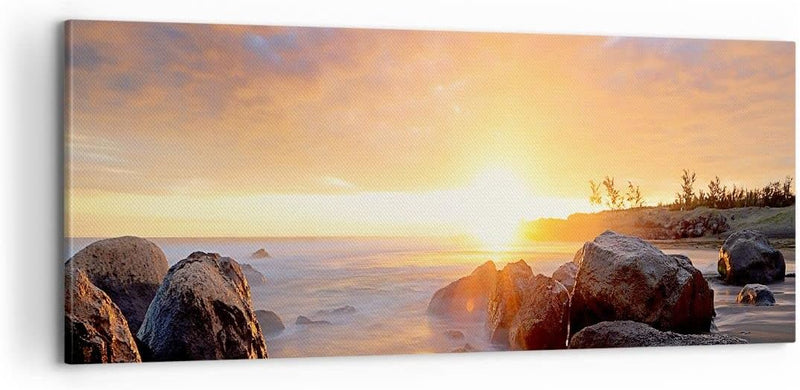 Panorama Bilder auf Leinwand 100x40cm Leinwandbild Meer Strand Felsen Gross Wanddeko Bild Schlafzimm