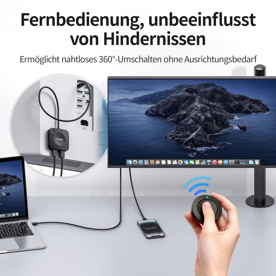Alxum 20Gbps USB-C Switch für 2 Computer, 2 in 1 Out, 8K@30Hz / 4K@144Hz Video, 140W PD Ladefunktion