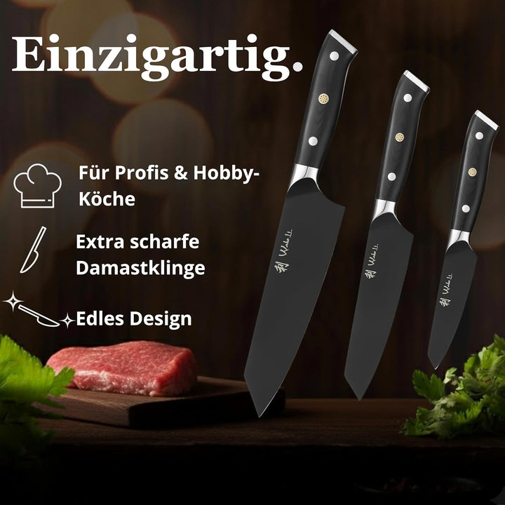 Wakoli Titanium Noir 3er Messerset mit 8-17cm Klingen, G10 Griff, in Holzbox, Premium Edelstahl Küch