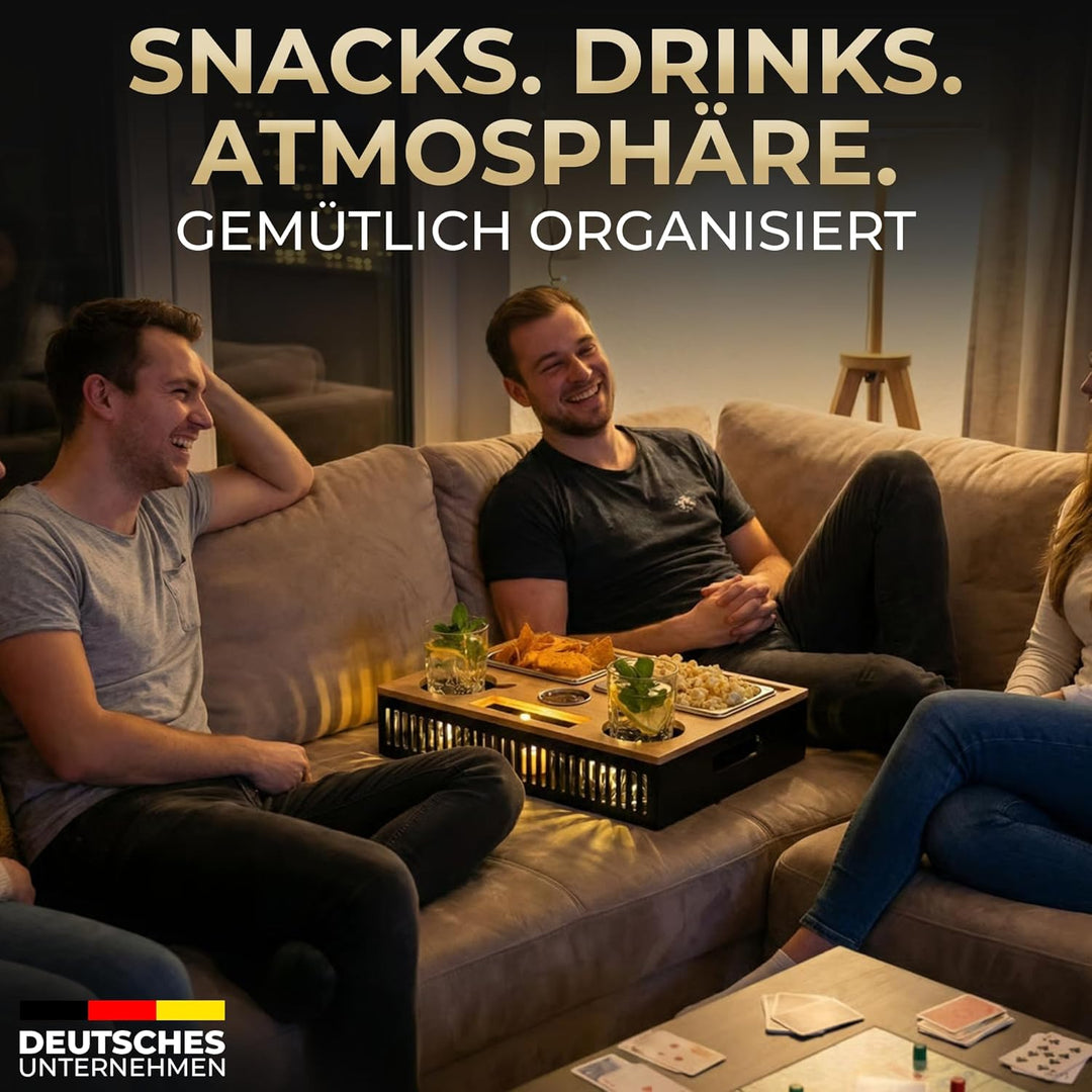 Couchbar Snackbox mit Leuchteffekt – Holz Sofatablett für Sofa, Snackbar & Organizer Tablett, 2-in-1