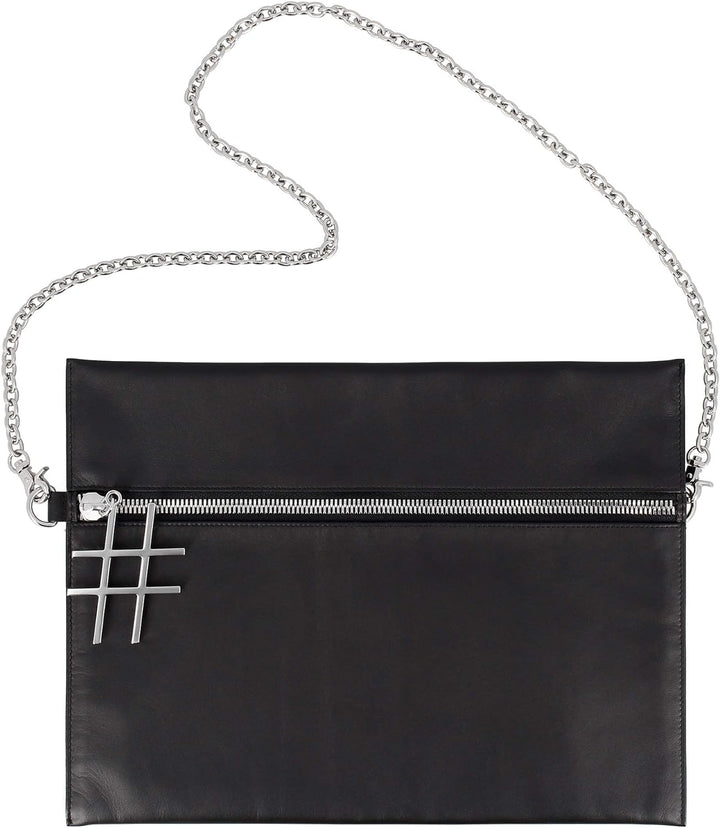 DUDU Schulter-Tasche Schwarz Damen aus Leder mit Kette Elegant Flaches Design mit Reissverschluss Sc