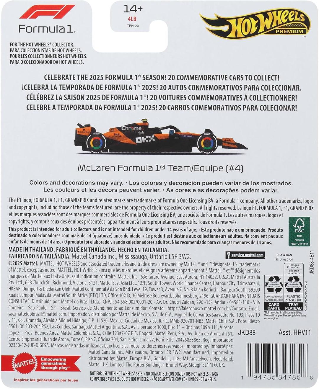 Hot Wheels Formel 1 Premium Die-Cast-Spielzeugauto im Massstab 1:64 Sammelspielzeug-Rennauto mit Rea