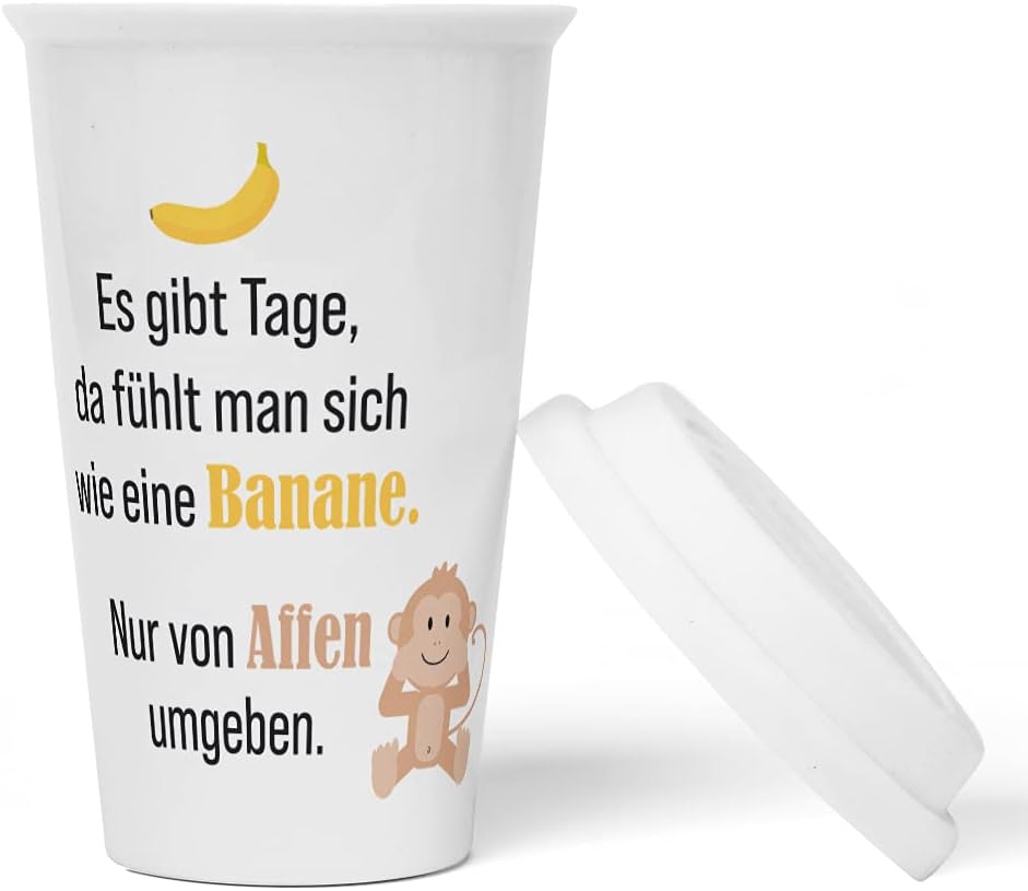 JUNIWORDS To-Go Becher mit Deckel, Es gibt Tage, da fühlt man sich wie eine Banane. Nur von Affen um