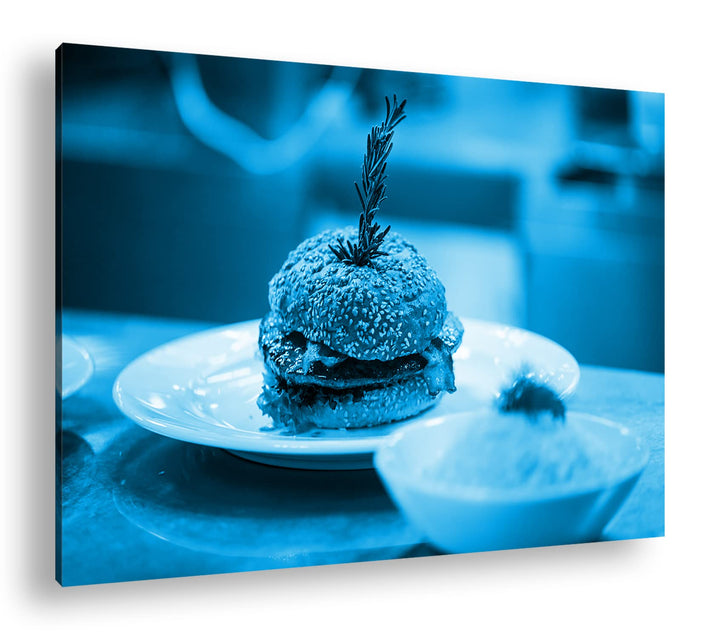 deyoli köstlicher Hamburger Format 80x60 Effekt: Monocrome Blau als Leinwandbild, Motiv fertig gerah