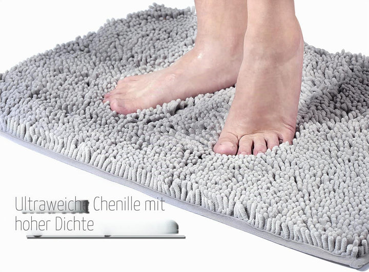 Badematte Set 3 teilig Light Grey, rutschfeste Chenille Badteppiche, Waschbar &amp; Minimalistisch Badvo