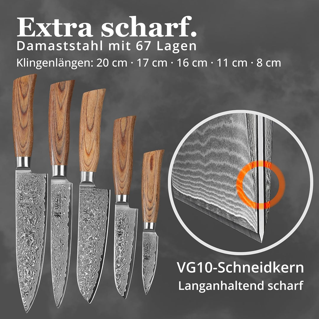 Wakoli EDIB Pro Premium 5er Damastmesser-Set mit 8-20 cm Klingen gefertigt aus 67 Lagen echtem Damas