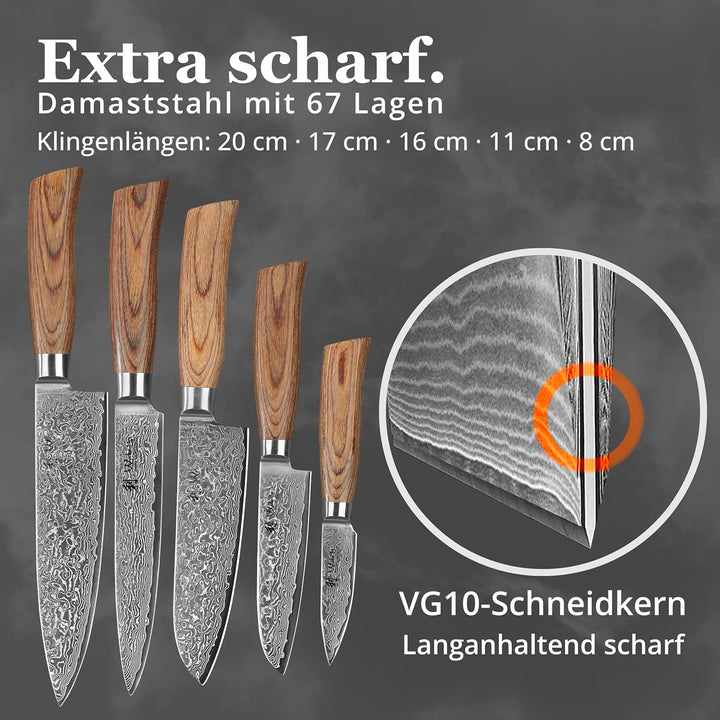 Wakoli EDIB Pro Premium 5er Damastmesser-Set mit 8-20 cm Klingen gefertigt aus 67 Lagen echtem Damas
