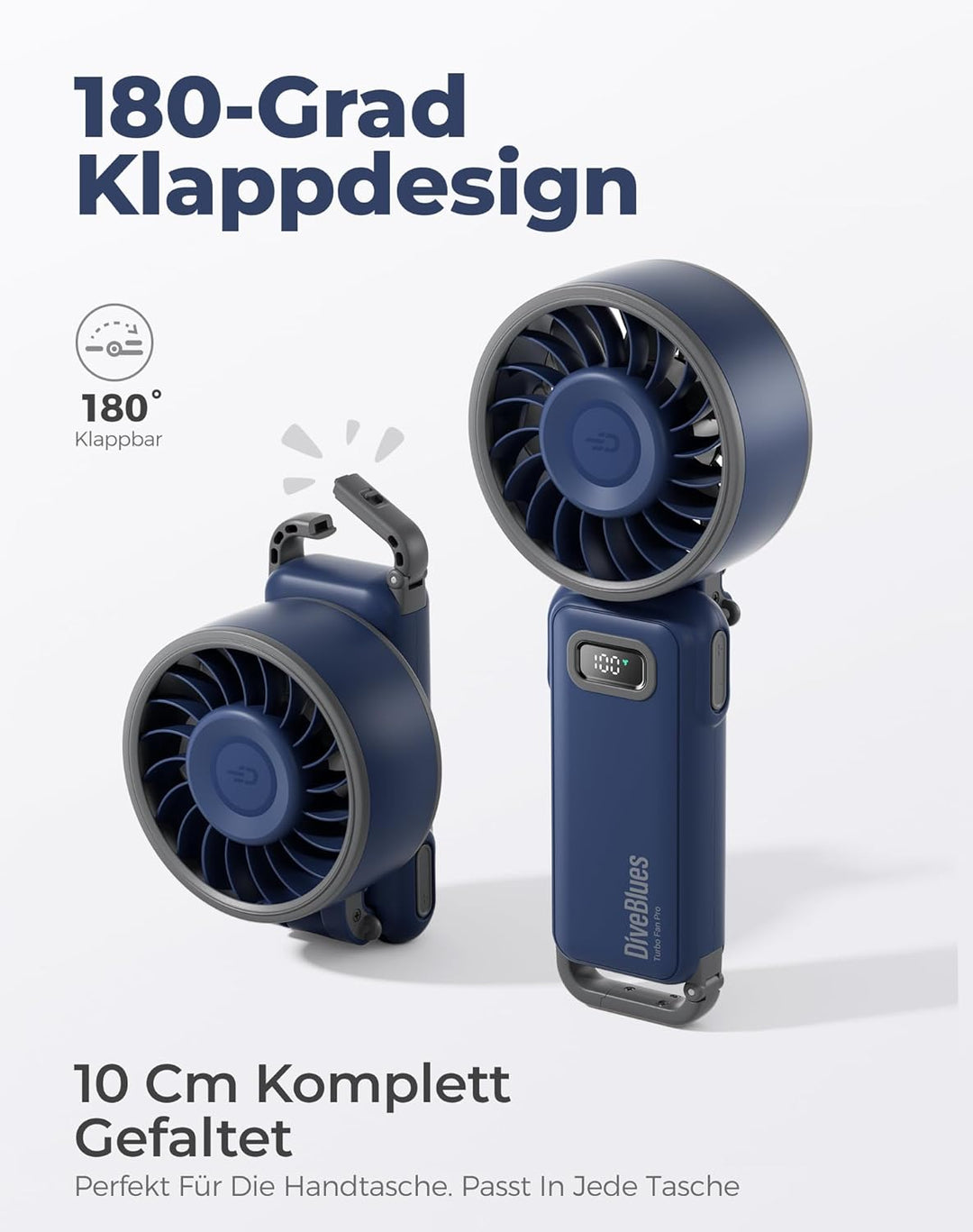 Diveblues Handventilator Tragbarer Turbo-Ventilator mit 100 Stufen und 7.4m/s Starkem Luftstrom, 180