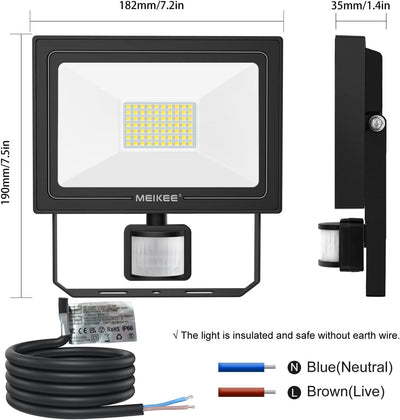 MEIKEE 60W LED Strahler mit Bewegungsmelder 5200LM 6500K Kaltweiss LED Fluter IP66 Wasserdicht Ausse